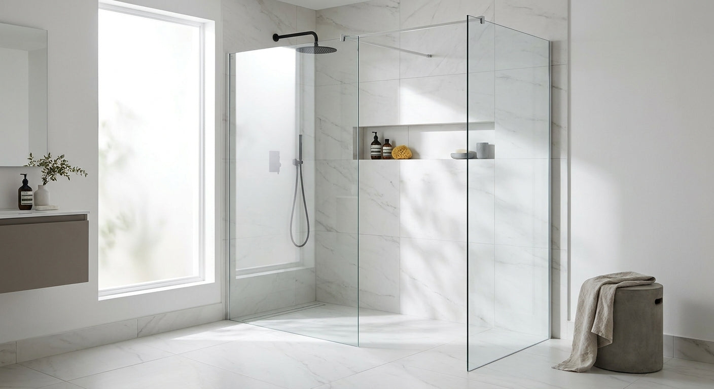 A bright, minimalist walk-in shower enclosure with frameless glass panels, marble-effect tiles, and a matte black rainfall showerhead in a modern bathroom.