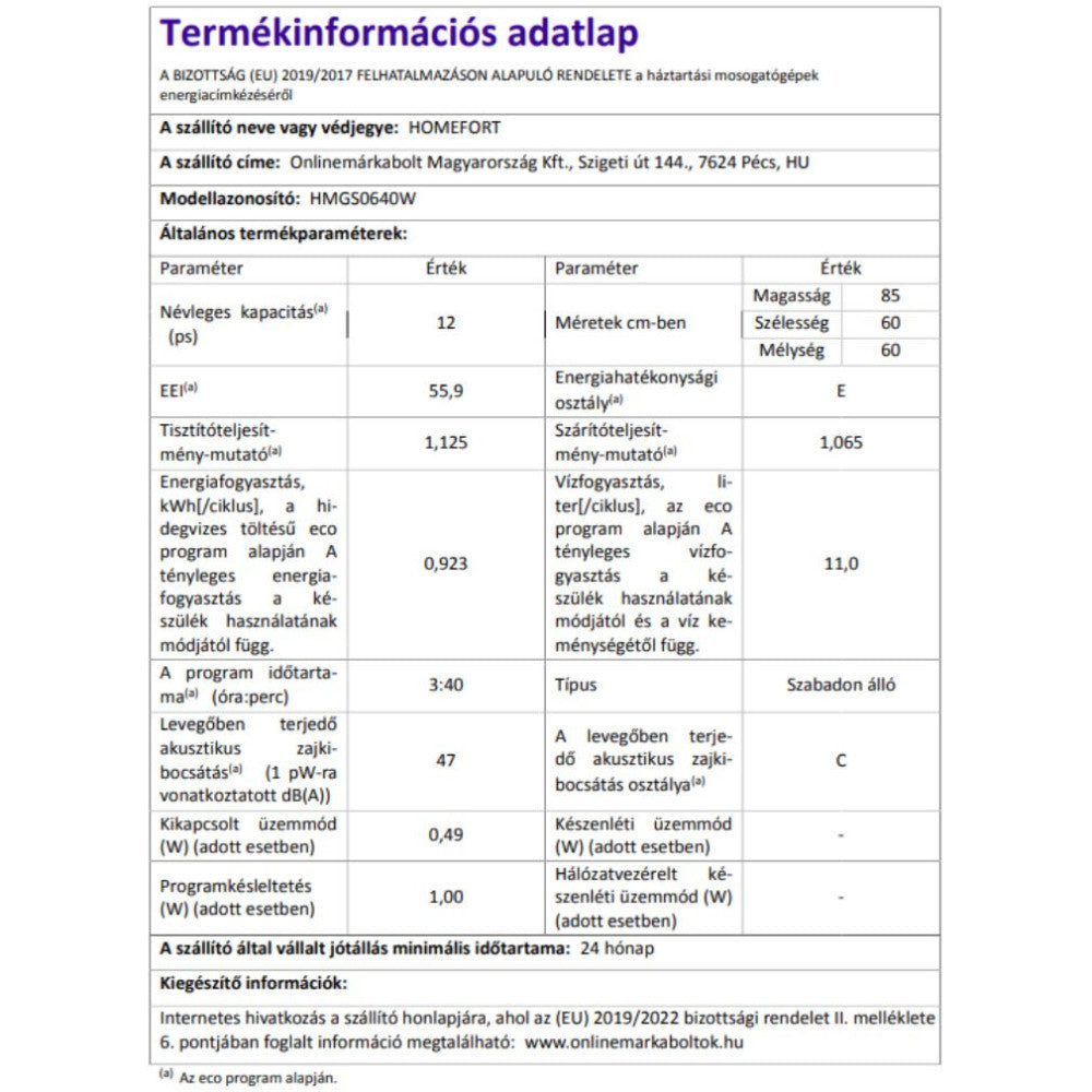 HOMEFORT HMGS0640W szabadonálló mosogatógép
