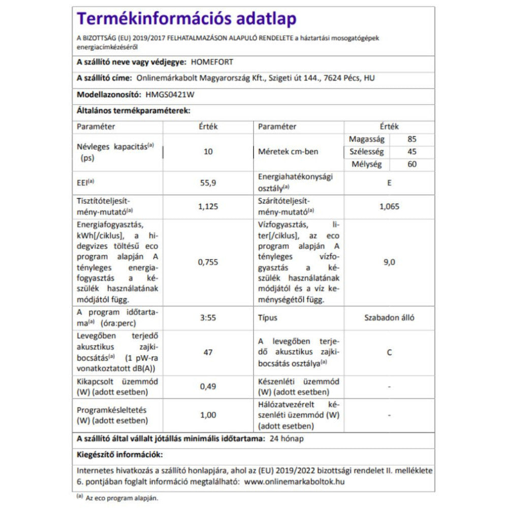 HOMEFORT HMGS0421W szabadonálló mosogatógép