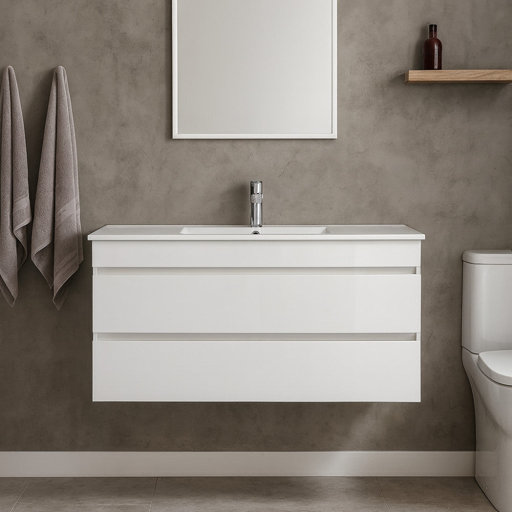 Mosdószekrény fürdőszobai használat közben, falra függesztve - Homelux, CUBE120A2F1M