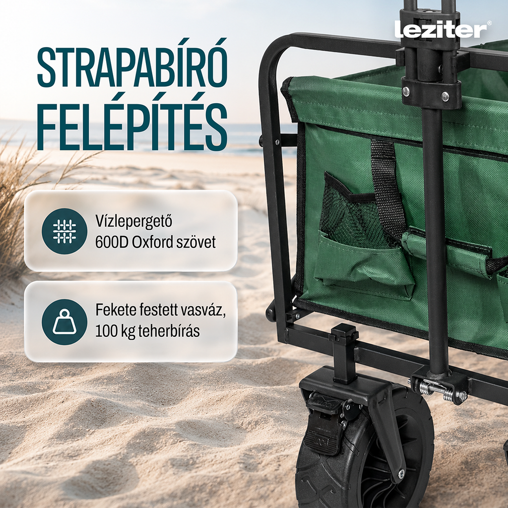 Összecsukható prémium kerti strandkocsi tetővel zöld