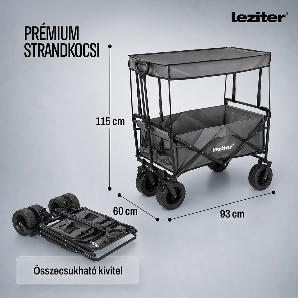 Összecsukható prémium kerti strandkocsi tetővel szürke