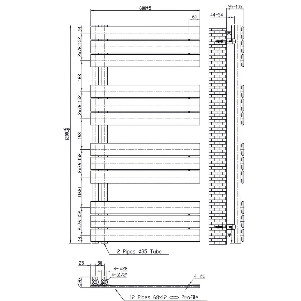 Solaro Design törölközőszárító radiátor 1200x600 mm fekete