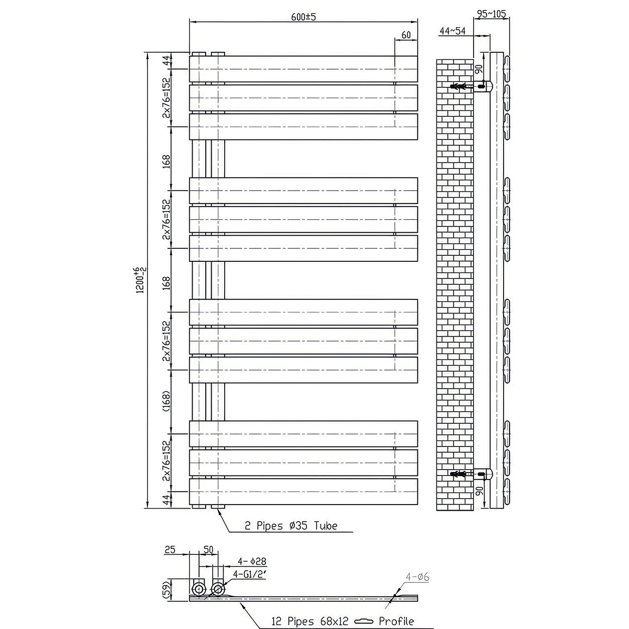 Solaro Design törölközőszárító radiátor 1200x600 mm fekete