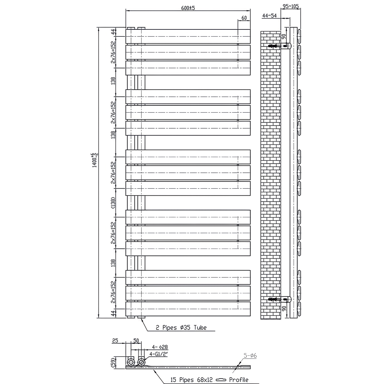 Solaro Design törölközőszárító radiátor 1400x600 mm fekete