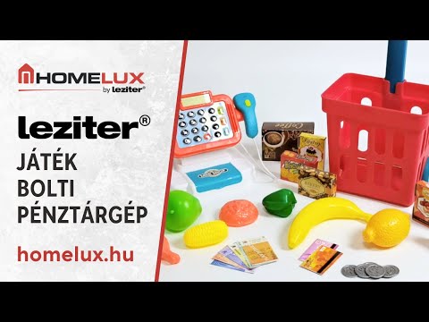 Játék bolti pénztárgép tele bevásárlókocsival, 32 db-os
