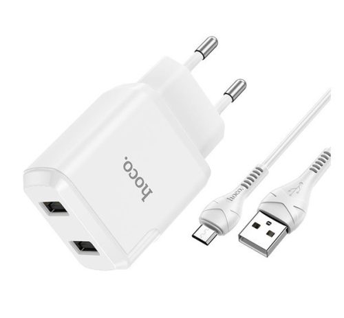 HOCO N7 SPEEDY hálózati töltő 2 USB aljzat (10W, gyorstöltő + microUSB kábel) FEHÉR