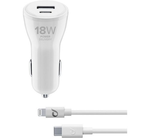 CELLULARLINE autós töltő USB+Type-C aljzat (18+12W, gyorstöltő + Type-C - lightning kábel) FEHÉR