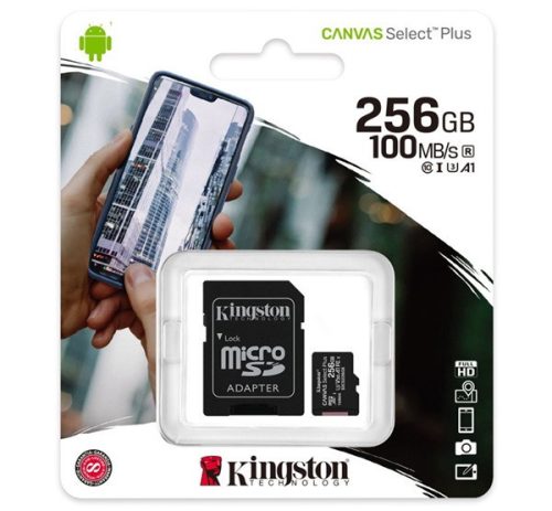 KINGSTON memóriakártya 256GB (microSDXC Canvas Select Plus - Class 10, UHS-1, A1) + SD adapter