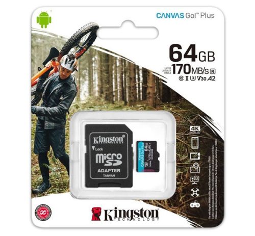 KINGSTON memóriakártya 64GB (microSDXC Canvas Go Plus - Class 10, V30, UHS-1, U3) + SD adapter