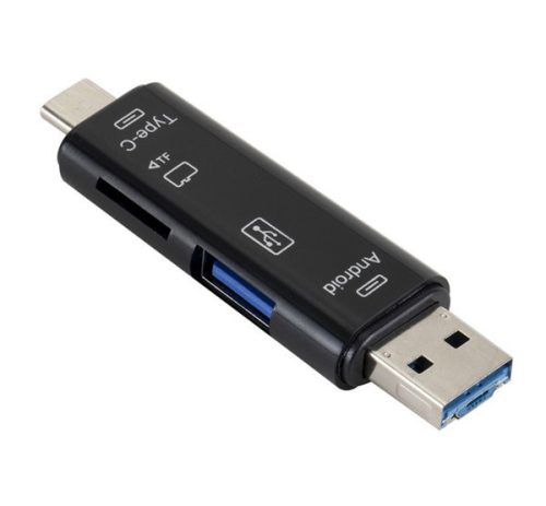 Adapter 5in1 (USB - microUSB - Type-C aljzat microSD/pendrive olvasó, OTG) FEKETE