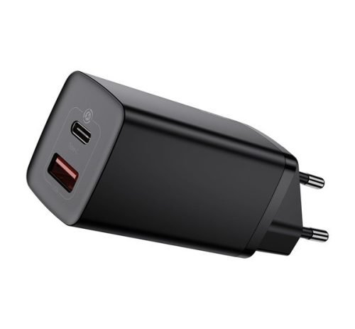 BASEUS hálózati töltő USB+Type-C aljzat (65W, GaN2, PD gyorstöltő 3.0) FEKETE