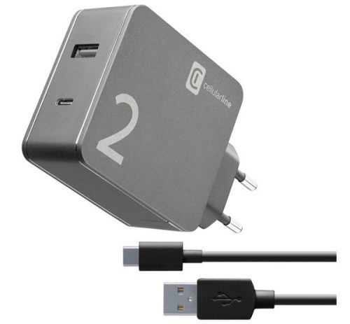 CELLULARLINE hálózati töltő USB+Type-C aljzat (48W gyorstöltő + Type-C kábel) FEKETE