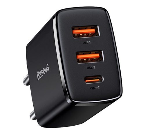 BASEUS COMPACT hálózati töltő 2 USB+Type-C aljzat (20W, PD gyorstöltő 3.0) FEKETE