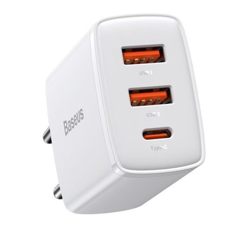 BASEUS COMPACT hálózati töltő 2 USB+Type-C aljzat (30W, PD gyorstöltő 3.0) FEHÉR