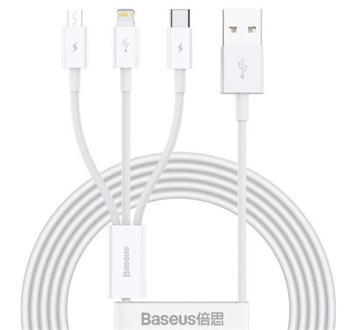 BASEUS töltőkábel 3in1 (USB - lightning/microUSB/Type-C, gyorstöltő, 150cm) FEHÉR