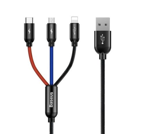 BASEUS töltőkábel 3in1 (USB - lightning/Type-C/microUSB, gyorstöltő, 120cm) FEKETE