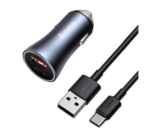 BASEUS autós töltő USB+Type-C aljzat (40W, PD gyorstöltő 4.0, LED jelzés + Type-C kábel) SZÜRKE