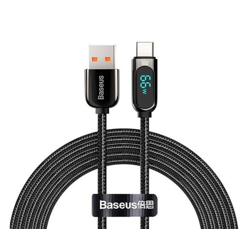 BASEUS adatkábel (USB - Type-C, 66W, gyorstöltő, 100cm, LED kijelző, cipőfűző) FEKETE