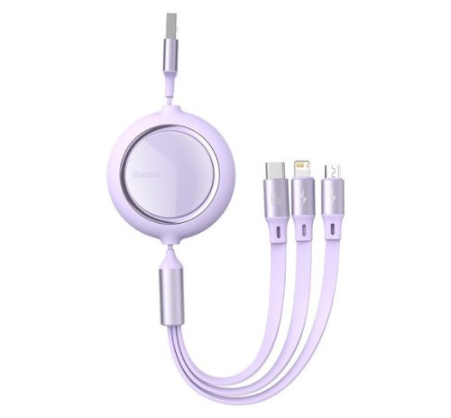 BASEUS BRIGHT MIRROR adatkábel 3in1 (USB - lightning/microUSB/Type-C, 66W, 120cm, csévélhető) LILA