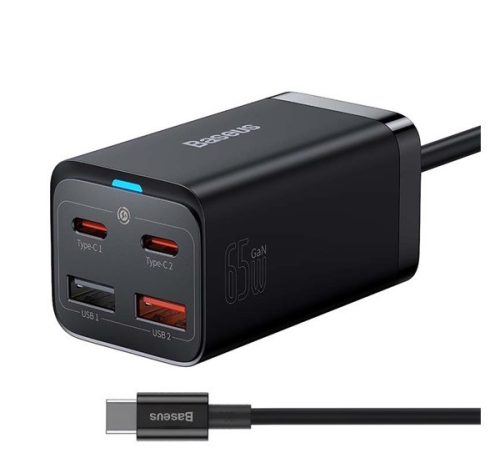 BASEUS hálózati töltő 2 USB+2 Type-C aljzat (65W, GaN3, PD gyorstöltő 4.0 + Type-C - Type-C kábel) FEKETE