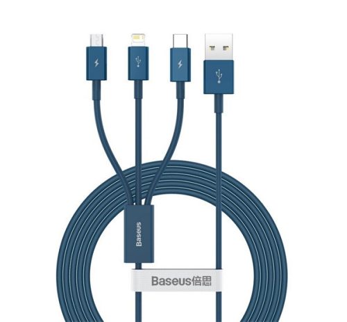 BASEUS SUPERIOR töltőkábel 3in1 (USB - lightning/microUSB/Type-C, 3.5A, gyorstöltő, 120cm) SÖTÉTKÉK