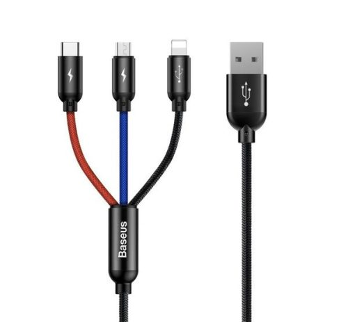 BASEUS töltőkábel 3in1 (USB - lightning/Type-C/microUSB, 3.5A, 30cm, törésgátló) FEKETE