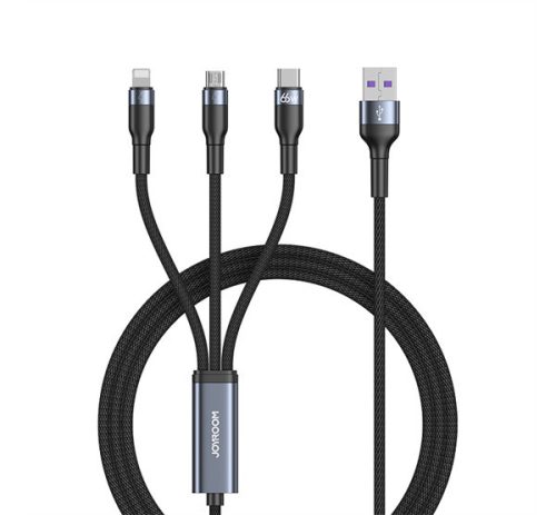 JOYROOM adatkábel 3in1 (USB - lightning/Type-C/microUSB, 66W, gyorstöltő, 6A, 120cm) FEKETE