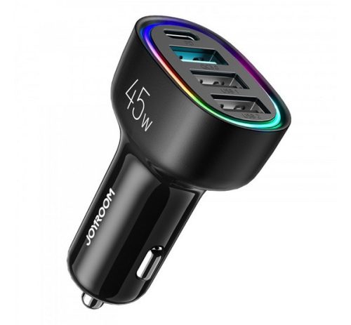 JOYROOM autós töltő 3 USB+Type-C aljzat (5V/3A, 45W, PD gyorstöltő 3.0) FEKETE