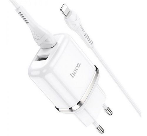 HOCO N4 ASPIRING hálózati töltő 2 USB aljzat (12W gyorstöltő + lightning kábel) FEHÉR