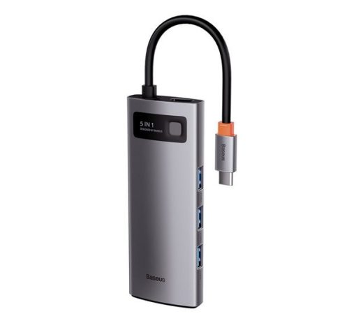 BASEUS METAL GLEAM Type-C HUB 5in1 (aktív, elosztó, 3 USB+Type-C+HDMI aljzat, PD gyorstöltő) SÖTÉTSZÜRKE