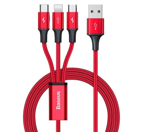 BASEUS RAPID töltőkábel 3in1 (USB - lightning/microUSB/Type-C, 3.5A, gyorstöltő, 120cm) PIROS