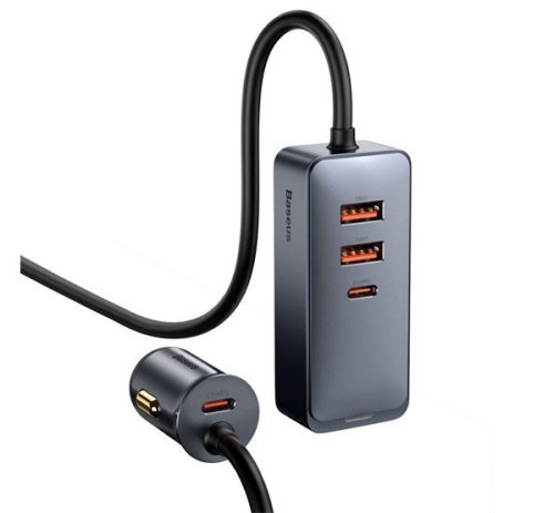 BASEUS szivargyújtó adapter (elosztó, 2 USB+2 Type-C aljzat, 24V, 120W, PD gyorstöltő, 150cm) SZÜRKE