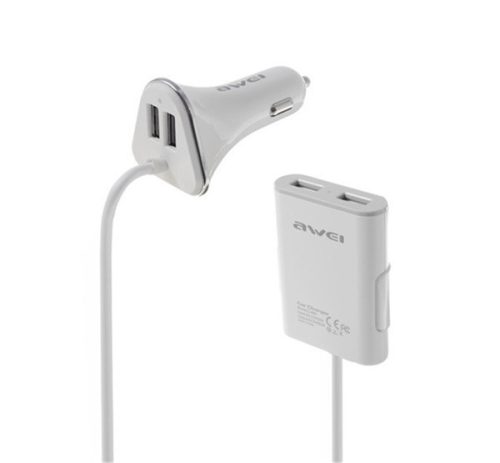 AWEI C-400 autós töltő (4 USB aljzat, csíptethető, 180cm) FEHÉR