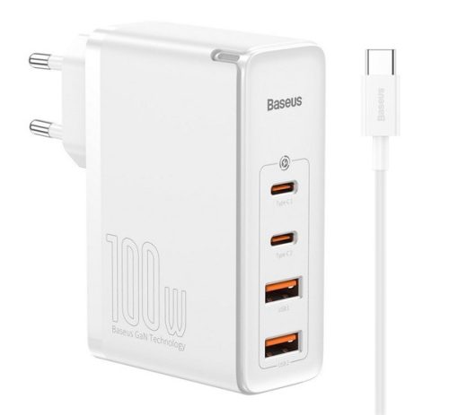 BASEUS hálózati töltő 2 USB+2 Type-C aljzat (100W, GaN2, PD gyorstöltő 4.0 + Type-C kábel) FEHÉR