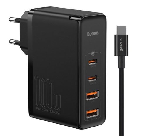 BASEUS hálózati töltő 2 USB+2 Type-C aljzat (100W, GaN2, PD gyorstöltő 4.0 + Type-C kábel) FEKETE