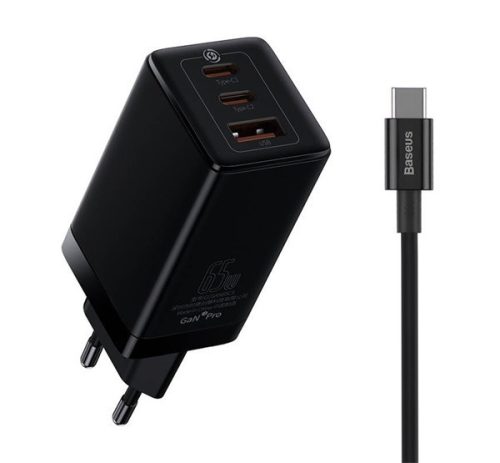 BASEUS hálózati töltő USB+2 Type-C aljzat (65W, GaN3, PD gyorstöltő 4.0 + Type-C kábel) FEKETE