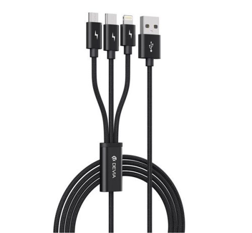 DEVIA adatkábel 3in1 (USB - lightning/microUSB/Type-C, 3A, gyorstöltő, 120cm) FEKETE