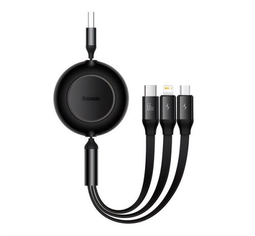 BASEUS adatkábel 3in1 (USB - lightning/microUSB/Type-C, 66W, 2A, 110cm, csévélhető) FEKETE