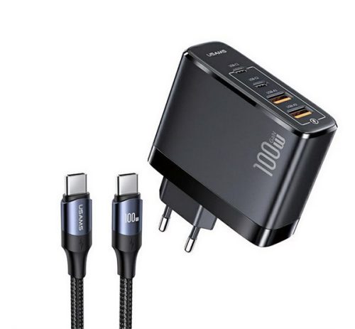 USAMS T44 hálózati töltő 2 USB+2 Type-C aljzat (100W, GaN, PD gyorstöltő 3.0 + Type-C kábel) FEKETE