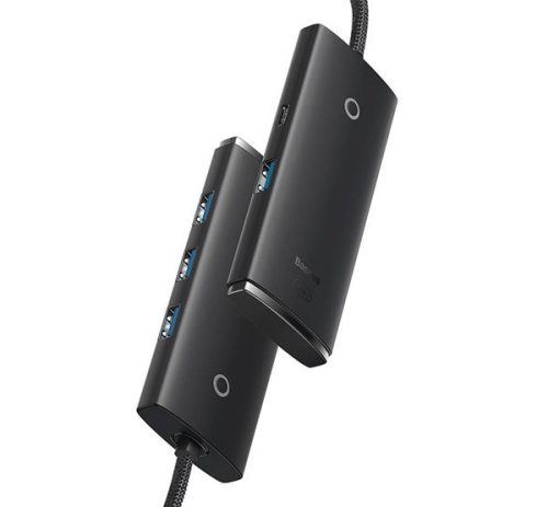 BASEUS LITE USB HUB 4in1 (aktív, 4 USB aljzat 3.0, Type-C kábel, 100cm) FEKETE