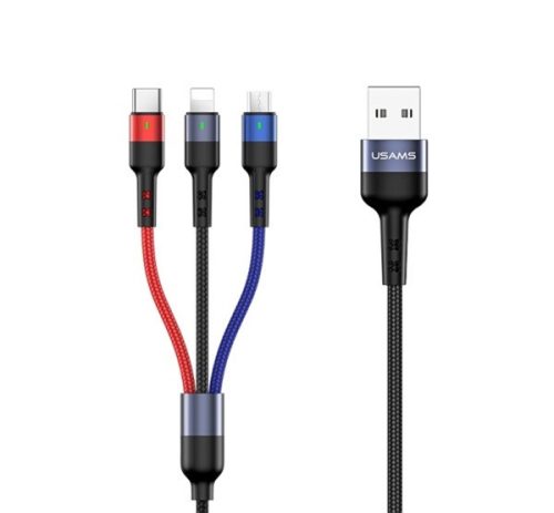 USAMS U26 adatkábel 3in1 (USB - lightning/Type-C/microUSB, 2A, gyorstöltő, 35cm) FEKETE