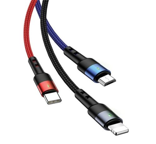 USAMS U26 adatkábel 3in1 (USB - lightning/Type-C/microUSB, 2A, gyorstöltő, 300cm) FEKETE