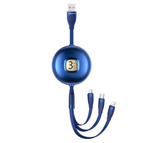 USAMS U69 adatkábel 3in1 (USB - lightning/microUSB/Type-C, 3A, 100cm, csévélhető) SÖTÉTKÉK