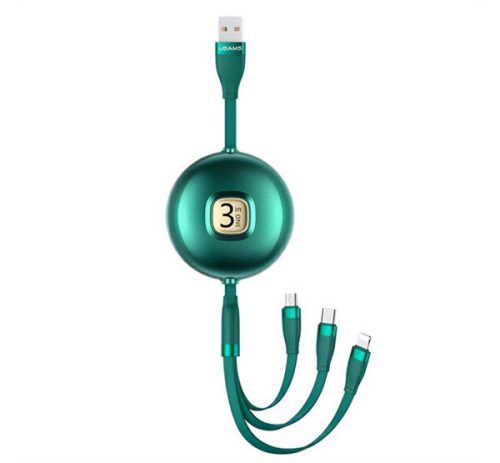 USAMS U69 adatkábel 3in1 (USB - lightning/microUSB/Type-C, 3A, 100cm, csévélhető) SÖTÉTZÖLD