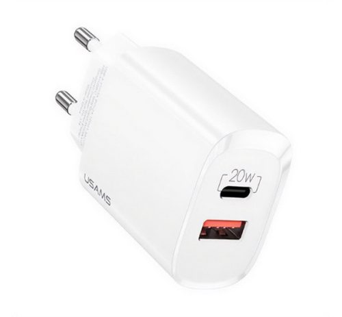 USAMS T35 hálózati töltő Type-C+USB aljzat (20W, PD gyorstöltő 3.0) FEHÉR