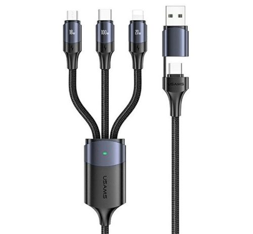 USAMS U71 adatkábel (2in1 USB/Type-C - 3in1 lightning/Type-C/microUSB, 100W, gyorstöltő, 6A, 120cm) FEKETE