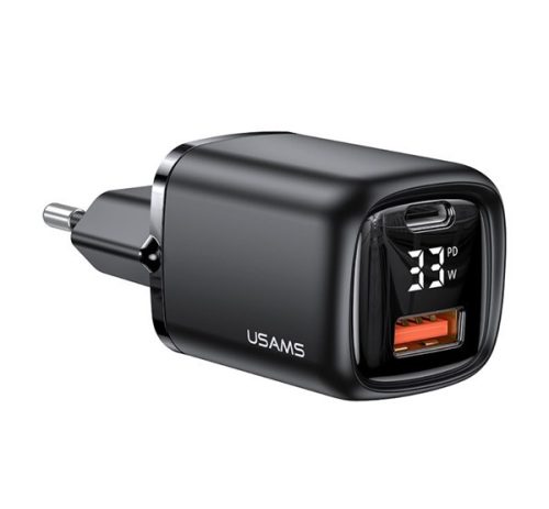 USAMS T46 hálózati töltő USB+Type-C aljzat (33W, PD gyorstöltő 3.0, LED kijelző) FEKETE