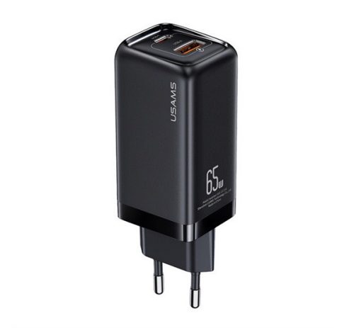 USAMS T47 hálózati töltő USB+Type-C aljzat (65W, PD gyorstöltő 3.0) FEKETE