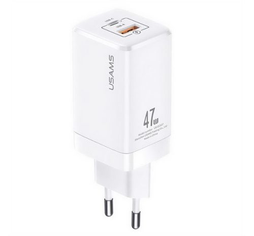 USAMS T41 hálózati töltő USB+Type-C aljzat (47W, GaN, PD gyorstöltő 3.0) FEHÉR